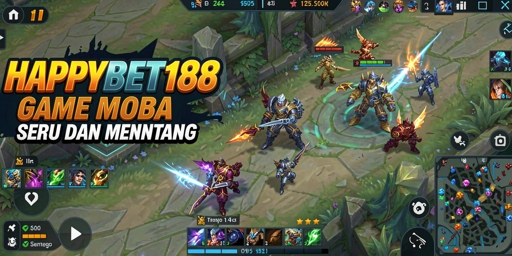 Screenshot gameplay seru dari <strong>HAPPYBET188</strong>, menunjukkan aksi di arena MOBA.