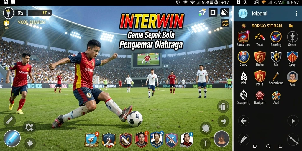 Screenshot gameplay INTERWIN menampilkan aksi seru dalam pertandingan sepak bola.