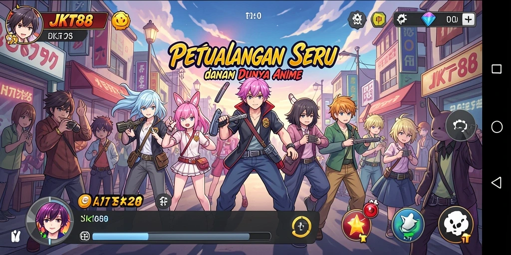 Screenshot utama JKT88 menunjukkan pertarungan karakter Anime yang seru.