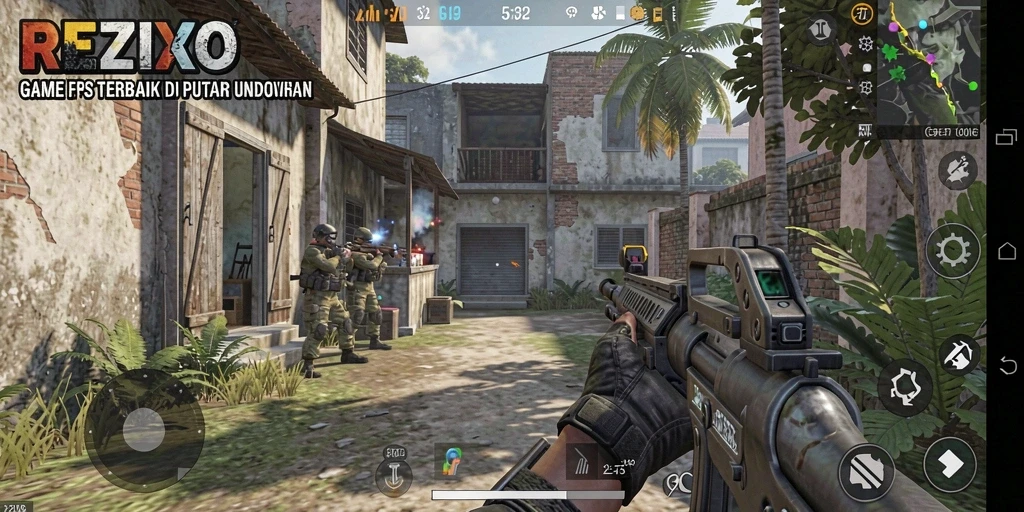 Tampilan gameplay menegangkan di dalam REZIXO yang menunjukkan pertempuran FPS.