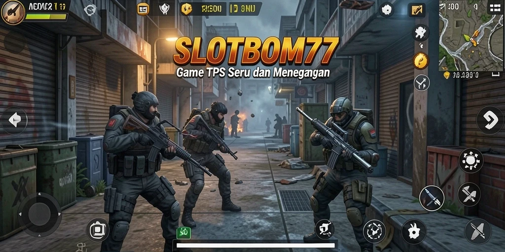 Screenshot gameplay SLOTBOM77 yang menunjukkan aksi seru dalam pertempuran TPS.