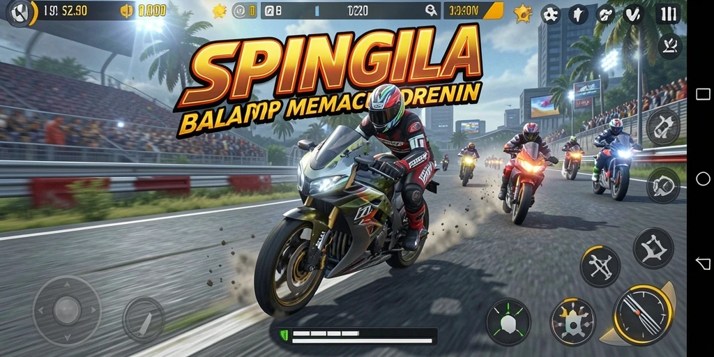 Screenshot gameplay SPINGILA menampilkan balapan motor yang intens dan seru.
