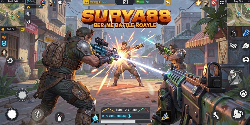 Gameplay seru SURYA88 dengan pertempuran Battle Royale yang intens.
