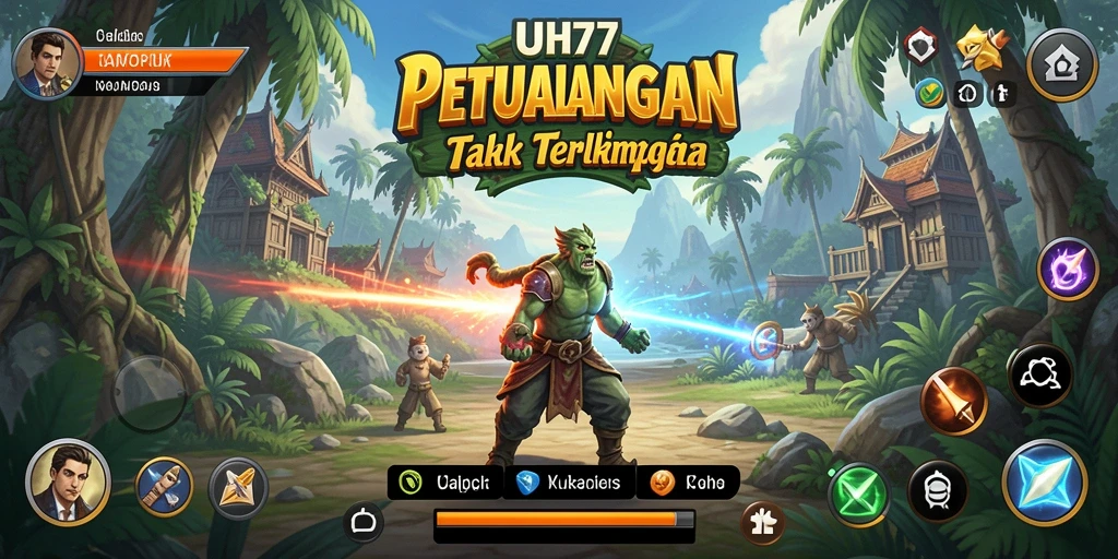Menampilkan karakter petualangan dalam lingkungan yang menakjubkan.